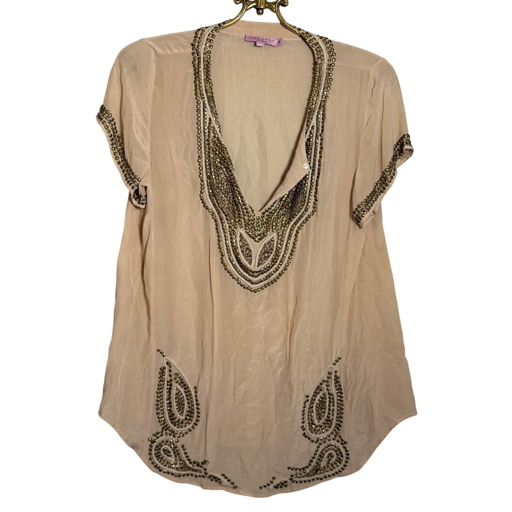 Calypso St Barth Womens Silk Beaded Tunic Top Kaftan Blouse Beige Size S